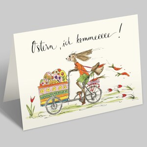 Osterkarte | Hase auf Fahrrad beladen mit Eiern | Klappkarte mit Umschlag  | Ostern, ich kommeeee! | Ostern
