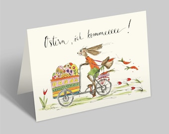 Easter card | Bunny on bike loaded with eggs | Folding card with envelope | Easter, here I come! | Easter