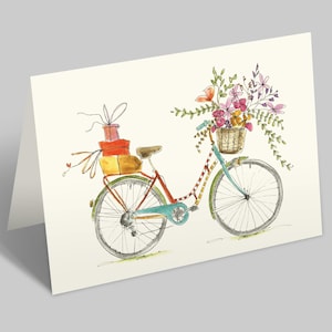 Wunderschönes Blumenfahrrad | Klappkarte mit Umschlag | buntes Fahrrad mit Geschenken und Blumen
