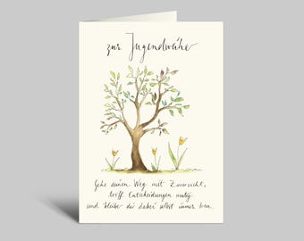 Tarjeta de acuarela para ceremonia de iniciación de jóvenes | árbol pintado | Sigue tu camino con confianza, toma decisiones valientes y sé siempre fiel a ti mismo.