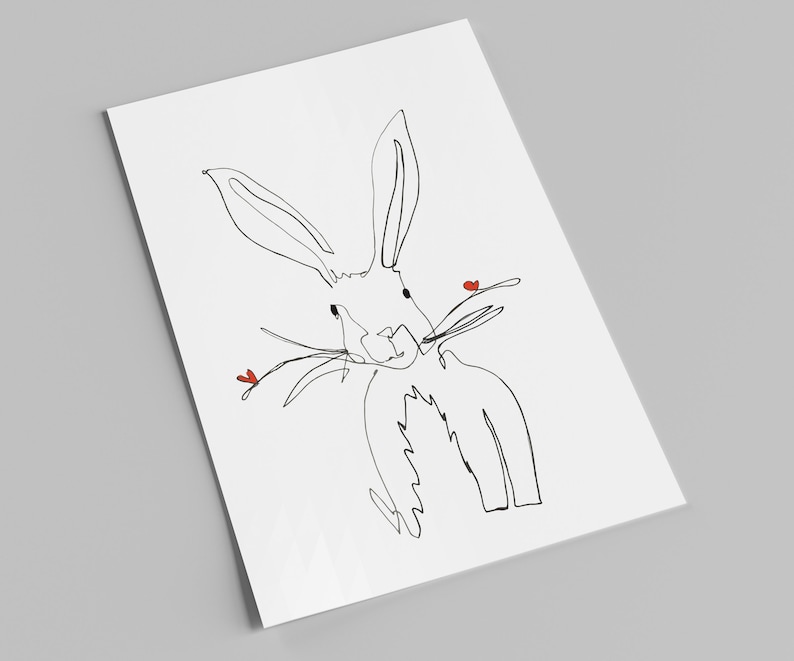 May include: A simple line drawing of a white rabbit with long ears, holding a sprig of red flowers in its mouth.