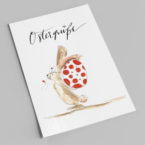 Osterkarte Hase mit Ei hinterm Rücken Postkarte zu Ostern Karte Ostergrüße Bild 1