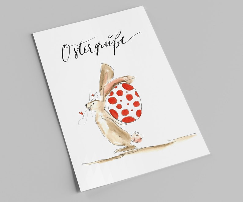 Osterkarte Hase mit Ei hinterm Rücken Postkarte zu Ostern Karte Ostergrüße Bild 1