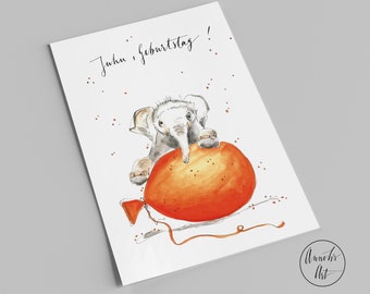 Postkarte | Juhu, Geburtstag! | Elefant mit Ballon | Geburtstagskarte