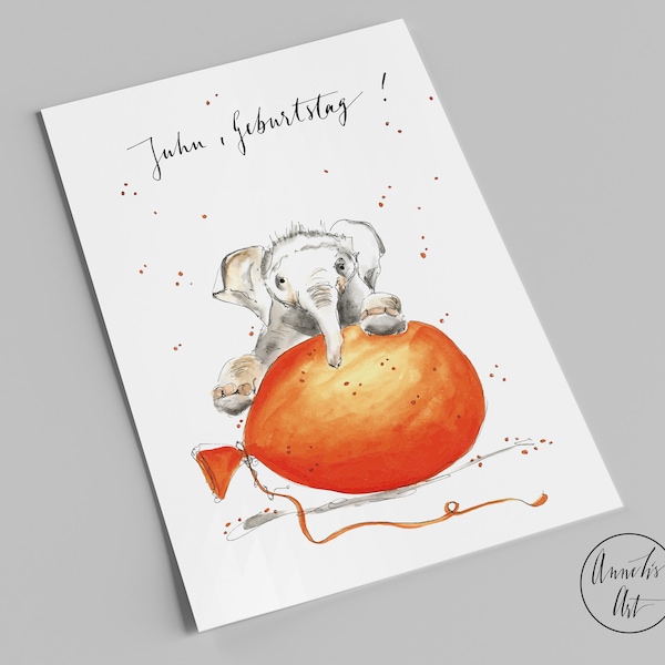 Postkarte | Juhu, Geburtstag! | Elefant mit Ballon | Geburtstagskarte
