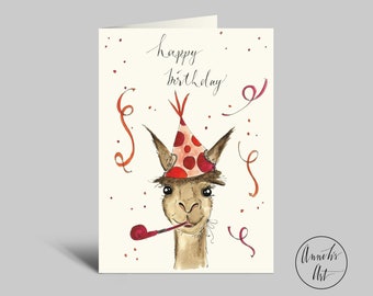 Birthday card | Alpaca with horn and confetti | Happy Birthday | Watercolor card with envelope