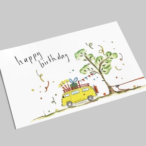 Geburtstagskarte | Gelber Geburtstagsbulli mit Kerzen | happy Birthday | Postkarte im Querformat | Bulliliebe