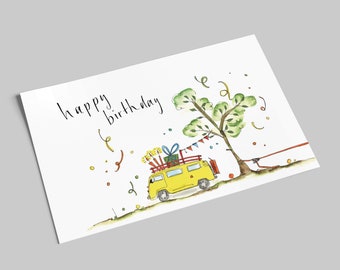 Geburtstagskarte | Gelber Geburtstagsbulli mit Kerzen | happy Birthday | Postkarte im Querformat | Bulliliebe