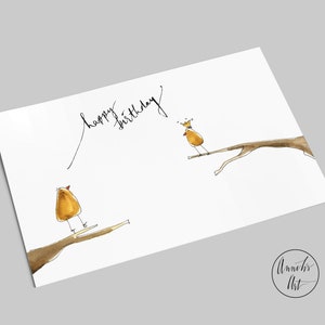 Postkarte | Happy Birthday | Zwei Vögelchen auf Ästen | Geburtstagskarte im Querformat
