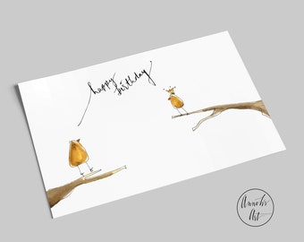 Postcard | Happy Birthday | Two birds on branches | Birthday card in landscape format
