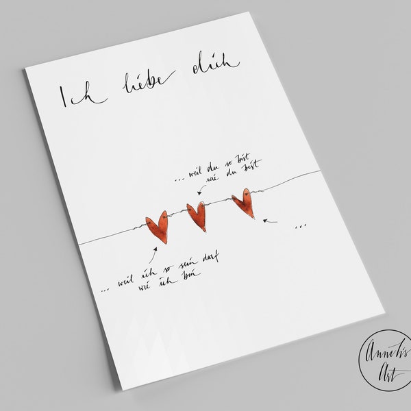 Valentinstagskarte | Postkarte mit Spruch | Ich liebe dich, weil du du bist | Liebeskarte | Hochformat | Handlettering