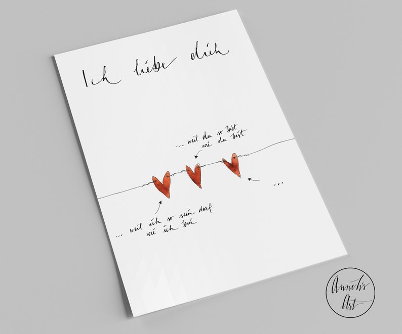 Valentinstagskarte Postkarte mit Spruch Ich liebe dich, weil du du bist Liebeskarte Hochformat Handlettering Bild 1