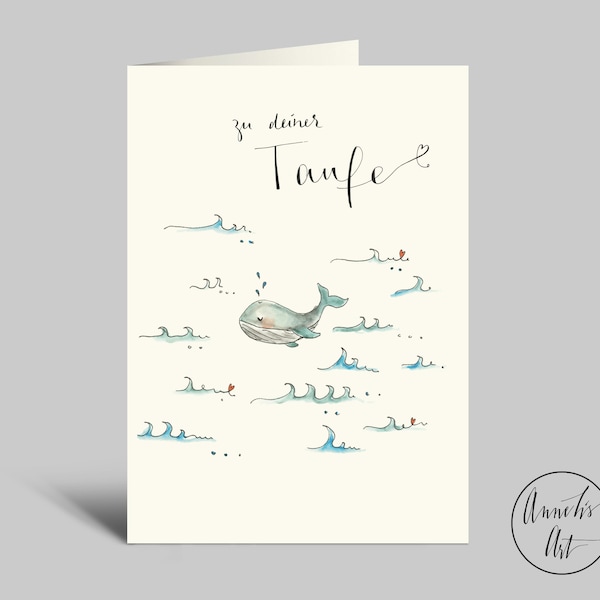 Taufkarte | kleiner Wal zwischen Wellen | Zu deiner Taufe | Klappkarte mit Umschlag