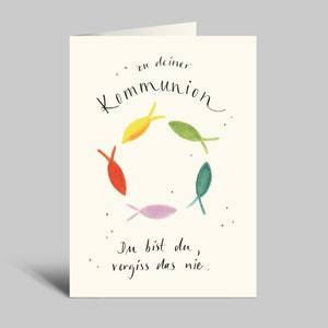 Klappkarte zur Kommunion| bunte Fische | Regenbogenfarben | Du bist du, vergiss das nie | Aquarellkarte DIN A6 | mit Umschlag