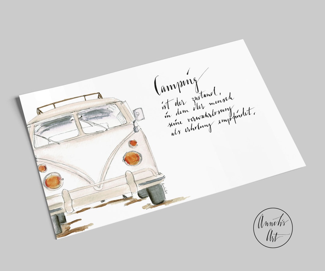 Postkarte Bulli mit Spruch Camping ist der Zustand in dem der Mensch