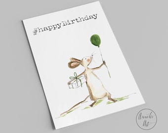 Postcard | #happyBirthday | Cute mouse with balloon and gift | Birthday card