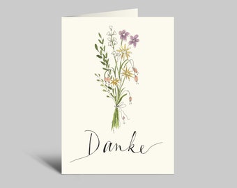Thank you card | Thank you and bouquet of flowers | Folding card | Watercolor card with envelope
