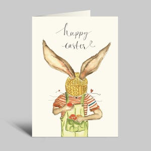 Osterkarte | Hase verstaut Eier in Latzhose | Klappkarte mit Umschlag  | Happy Easter | Ostern Aquarellmotiv