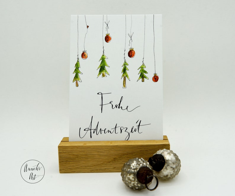 Christmas card Happy Advent season Four balls 1, 2, 3, 4 and four trees postcard image 3