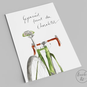 Postkarte | grünes Rennrad mit Spruch | Gegenwind formt den Charakter | Rennradliebe