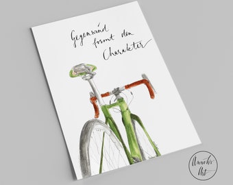 Postkarte | grünes Rennrad mit Spruch | Gegenwind formt den Charakter | Rennradliebe
