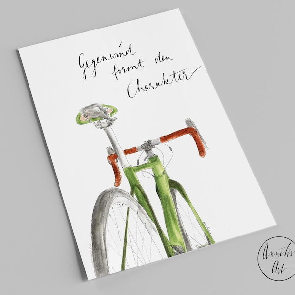 Postkarte | grünes Rennrad mit Spruch | Gegenwind formt den Charakter | Rennradliebe