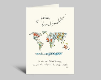 Klappkarte zur Konfirmation| bunte Weltkarte | Sei die Veränderung, die du dir wünschst für die Welt | Aquarellkarte DIN A6 | mit Umschlag