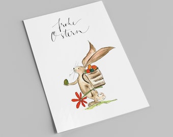 Postkarte | Hase mit Kiepe und grünem Ei | Ostern | Osterkarte | Karte Ostergrüße