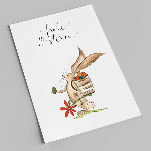 Postkarte | Hase mit Kiepe und grünem Ei | Ostern | Osterkarte | Karte Ostergrüße