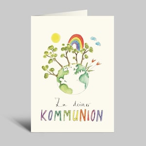 Klappkarte zur Kommunion| Weltkugel mit Bäumen | Regenbogenfarben | "Zu deiner Kommunion" | mit Umschlag
