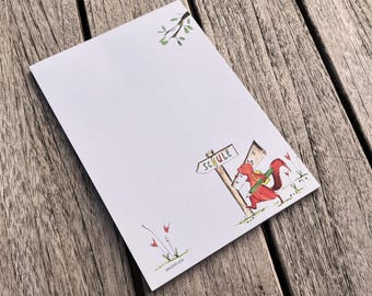 Recycled paper notepad | for starting school | 50 unlined sheets | little squirrel goes to school | DIN A5 (148 x 210 mm)
