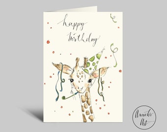 Birthday card | Giraffe with party horn and hat | Happy Birthday | Funny greeting card with watercolor motif | Includes envelope