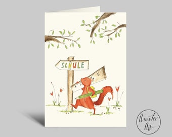 Back-to-school greeting card | Squirrel on its way to school | This way to school! | Greeting card with envelope