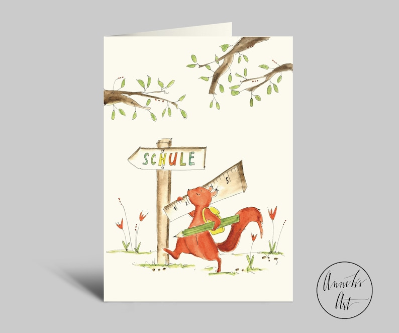 May include: A watercolor illustration of a red squirrel carrying a ruler and a pencil, walking towards a sign that says "SCHULE" (German for school). The squirrel is wearing a backpack and has a happy expression on its face. The illustration is set in a forest with green trees and red flowers.