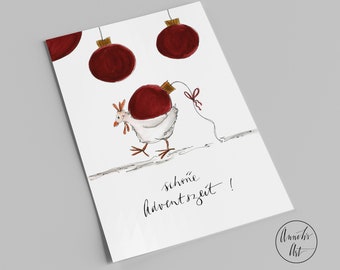 Schöne Adventszeit! | Postkarte | lustige Weihnachtskarte |  Huhn mit Weihnachtsbaumkugeln