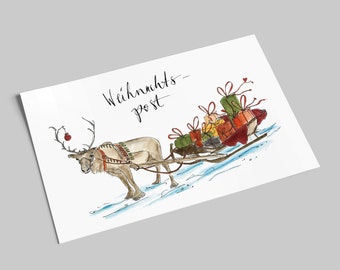 Weihnachtskarte | Rentier mit Geschenke-Schlitten | Weihnachtspost | Postkarte Weihnachten A6