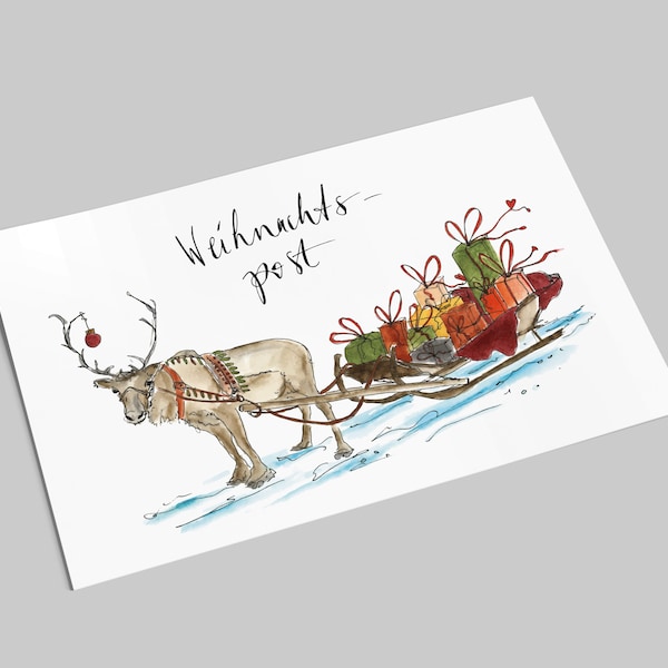 Weihnachtskarte | Rentier mit Geschenke-Schlitten | Weihnachtspost | Postkarte Weihnachten A6