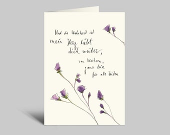 Watercolor sympathy card | My heart continues to love you, from afar, for all time | violet flowers | Folding card DIN A6 | Condolence card