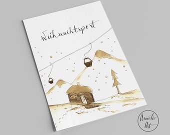 Christmas card | Winter landscape with ski lift | Christmas mail | Watercolor postcard