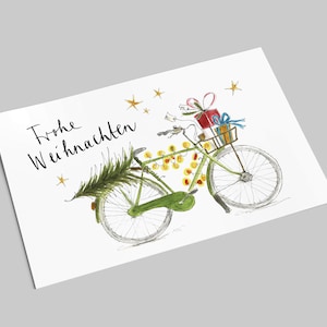 Fahrrad-Weihnachtskarte | weihnachtlich beladenes Fahrrad | Tannenbaum und Geschenke | Frohe Weihnachten |  Postkarte mit Aquarellmotiv