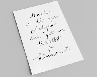 Tarjeta con letras | Haz que cuidarte sea tu misión | Postal A6 con frase | Blanco y negro