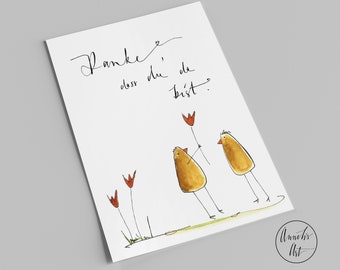 Dankeskarte | zwei Küken mit Blumen | Danke, dass du da bist | Postkarte