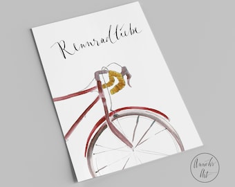 Puede incluir: Pintura de acuarela de una bicicleta roja con puños de manillar amarillos. El texto "Rennradliebe" está escrito en caligrafía negra en la parte superior de la imagen.