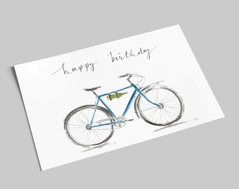 Birthday card | Blue bicycle with wine bottle | Happy Birthday | Bicycle birthday card with saying | Watercolor & hand lettering