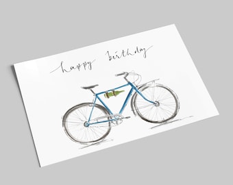 Geburtstagskarte | blaues Fahrrad mit Weinflasche | Happy Birthday | Fahrrad-Geburtstagskarte mit Spruch | Aquarell & Handlettering