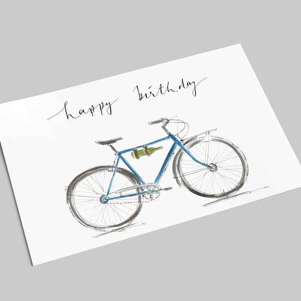 Geburtstagskarte | blaues Fahrrad mit Weinflasche | Happy Birthday | Fahrrad-Geburtstagskarte mit Spruch | Aquarell & Handlettering