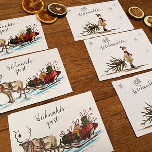 Kerstkaarten pakje van 6 | Meisje en slee in het kerstbos | 3 x "Klein meisje met dennenboom" en 3 x "Kerstpostrendier"