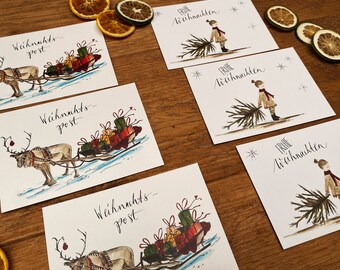 Christmas cards pack of 6 | Girl and sleigh in the Christmas forest | 3 x "Little Girl with Fir Tree" and 3 x "Christmas Post Reindeer"