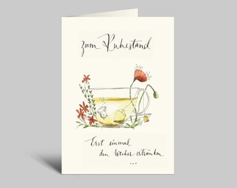 Retirement card | First, drown the alarm clock | Alarm clock in a teacup | Folded card with envelope