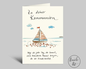 Aquarellkarte zur Kommunion mit Spruch und Segelboot | Klappkarte DIN A6